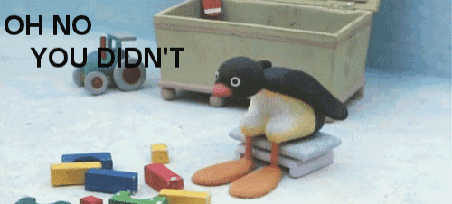 a penguin sitting on a block with the words oh no you didn 't behind it