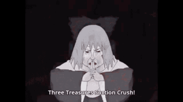 a cartoon of a man with a beard and the words `` three treasures suction crush '' .