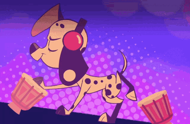a dalmatian dog wearing headphones and holding a drum