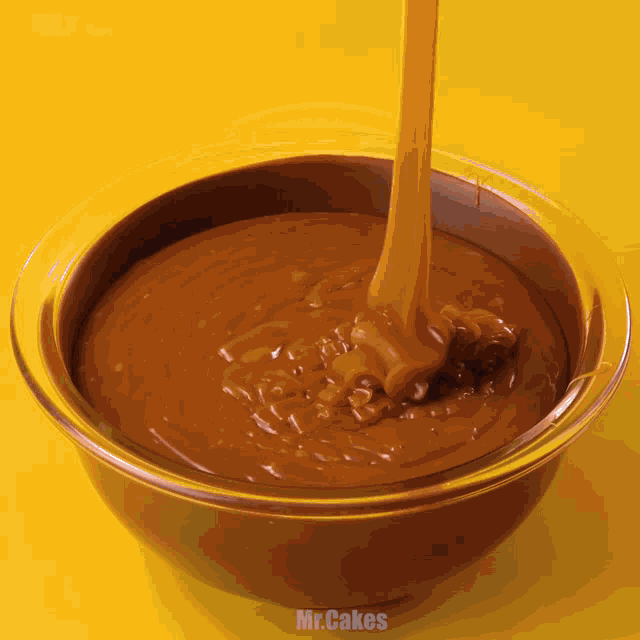 a bowl of chocolate sauce with the words mr.cakes written below it