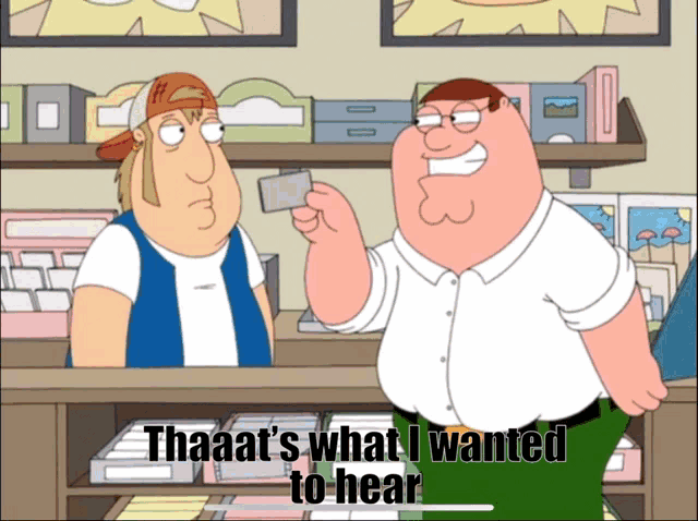 a cartoon of peter griffin giving a card to another man