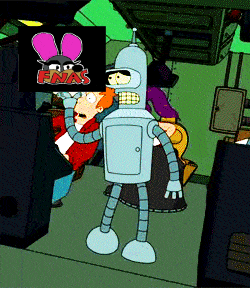 bender from futurama is standing in front of a sign that says fna