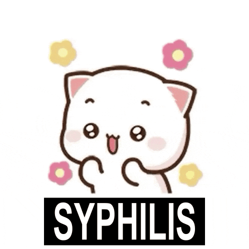 a cartoon cat with flowers around it and the word syphilis .