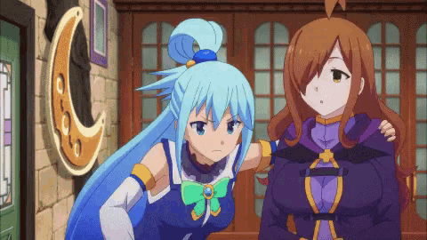 two anime girls are standing next to each other in a room with a crescent moon on the wall