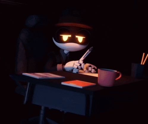a cartoon character with glowing eyes sits at a desk in the dark