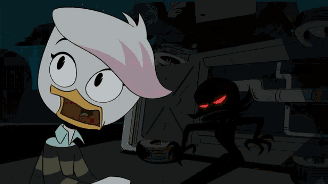 a cartoon character with a surprised look on her face is standing next to a monster with red eyes