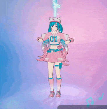 a girl in a cat hat is dancing in front of a pink and blue background