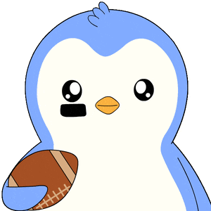 a blue penguin is holding a brown football