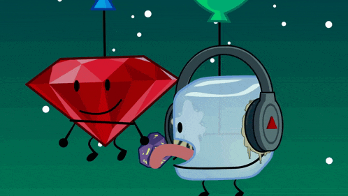 a cartoon ice cube wearing headphones stands next to a red diamond