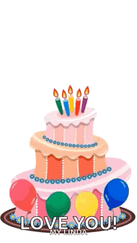 a birthday cake with candles and balloons says love you