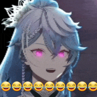 a girl with purple eyes is surrounded by smiley faces that are laughing