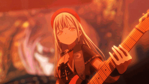 a girl in a red hat is holding a guitar with the letter v on her shirt