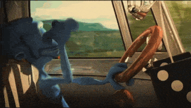 a cartoon character is sitting in a car holding a dice and a steering wheel