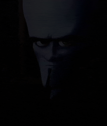 a close up of a cartoon character 's face in the dark