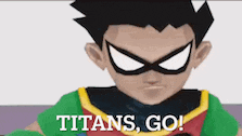 a close up of a cartoon character with the words `` titans go '' written on it .
