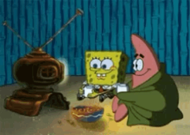 spongebob and patrick are sitting in front of a television playing video games