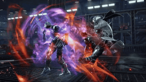 two fighters are fighting in a video game and one of them has a sword