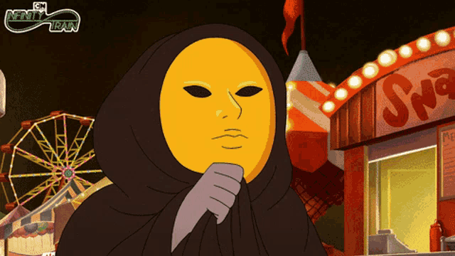 a cartoon character with a yellow face is standing in front of a carnival booth that says shawarma