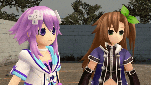 two anime characters standing next to each other and one has a green bow on her hair