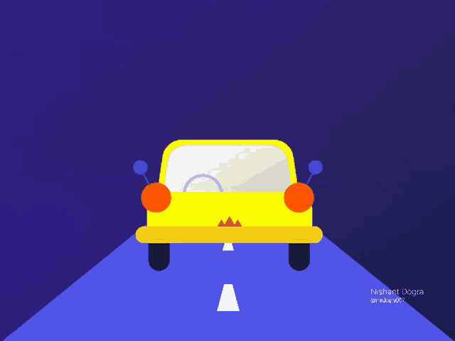 a yellow car is driving down a road with a purple background