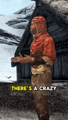 a video game character says there 's a crazy in front of a house