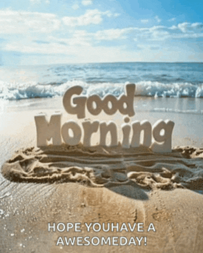 a picture of a beach with the words " good morning " in the sand