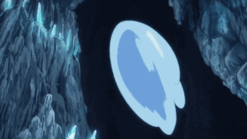 a blue bubble is floating in the air in a cave