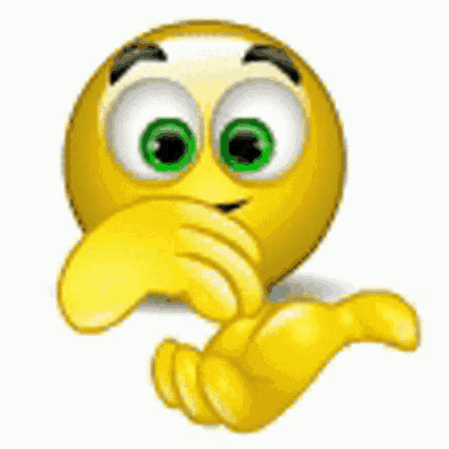 a yellow smiley face with green eyes is pointing at something with his finger .