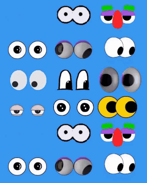 a blue background with a bunch of different cartoon eyes