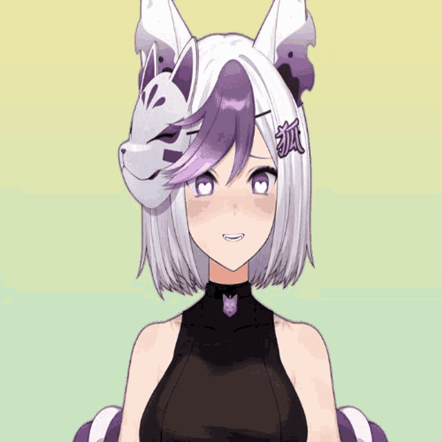 a girl with white hair and purple highlights is wearing a fox mask