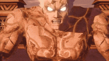 a statue of a man with glowing eyes and a tattoo on his chest that says ' a ' on it