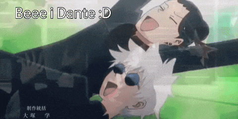 a couple of anime characters laying on top of each other with the words beee i dante : d on the bottom