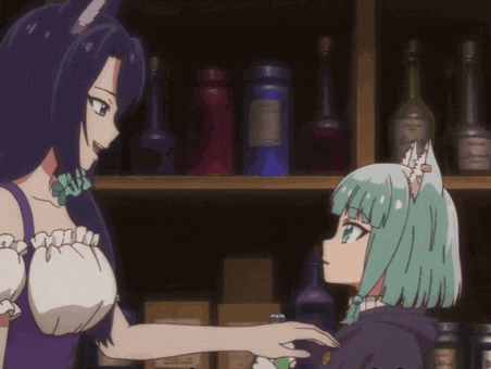 two anime girls are standing next to each other in front of a shelf with bottles on it
