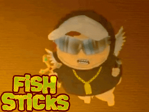 a cartoon character wearing sunglasses and a hat with the words fish sticks on the bottom