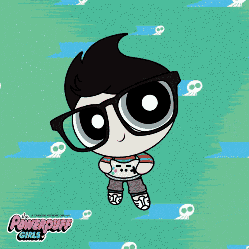 a cartoon character from the powerpuff girls is wearing glasses and holding a video game controller