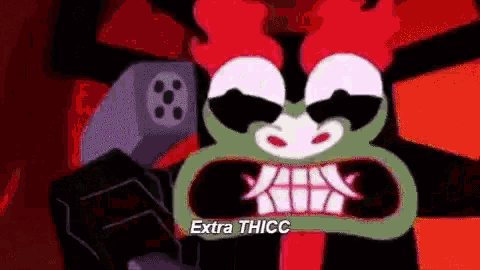 a cartoon character from samurai jack is holding a gun and screaming .