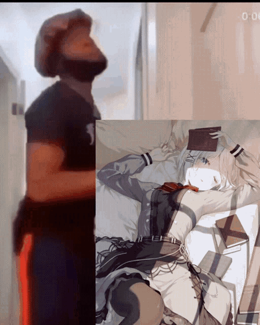 a man is standing next to a picture of a girl laying on a bed with a book on her head