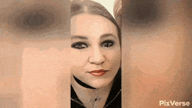 a close up of a woman 's face with a choker and a cross necklace .