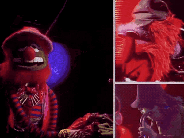 a collage of images of a clown with a purple ribbon that says ' a ' on it