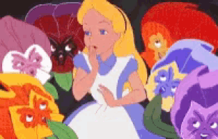 alice from alice in wonderland is surrounded by flowers and leaves