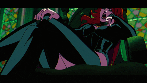a cartoon drawing of a woman with red hair and black nails