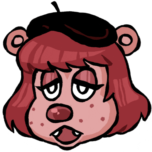 a cartoon bear with red hair and a black beret