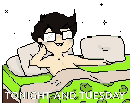 a pixel art of a shirtless man laying on a bed with the words tonight and tuesday above him .