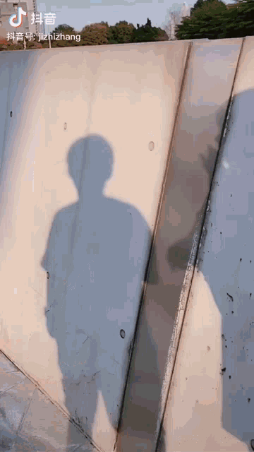 a person 's shadow is cast on a concrete wall with chinese writing