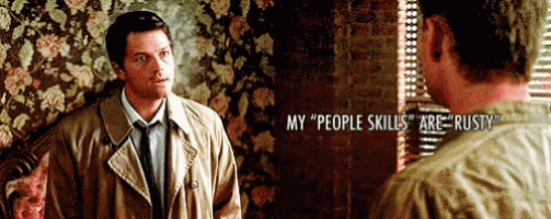 two men standing next to each other with the words my people skills are rusty