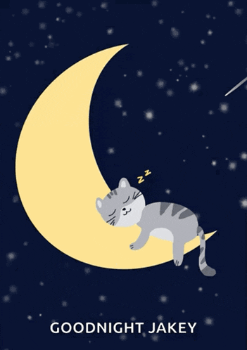 a cat sleeping on a crescent moon with the words goodnight jakey
