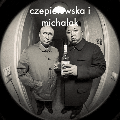 two men standing next to each other holding bottles of alcohol with the words " czepiowska i michalak " written above them