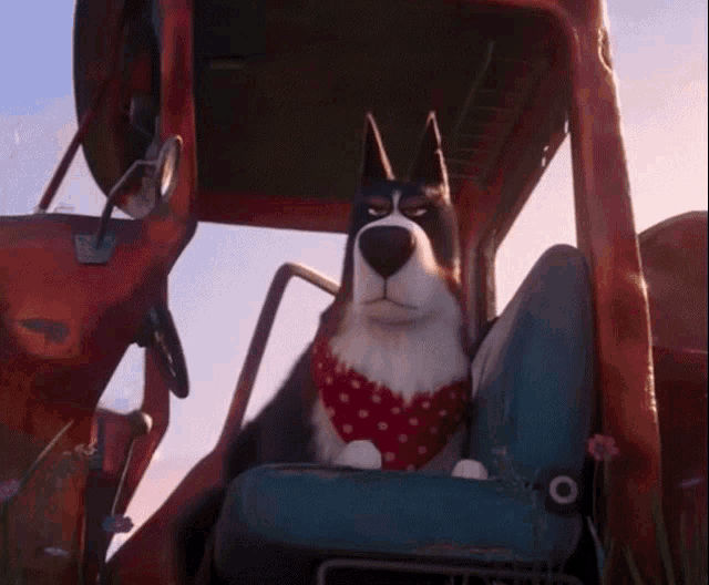 a dog wearing a red and white polka dot bandana is sitting in the driver 's seat of a vehicle