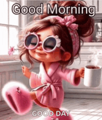 a girl in a pink robe is holding a cup of coffee and a flower .