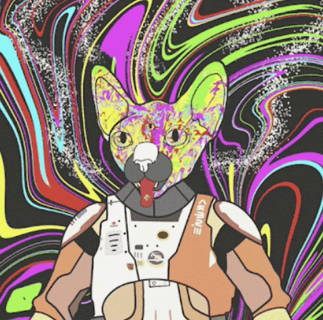 a colorful drawing of a cat with a tongue sticking out and the word kappa on it